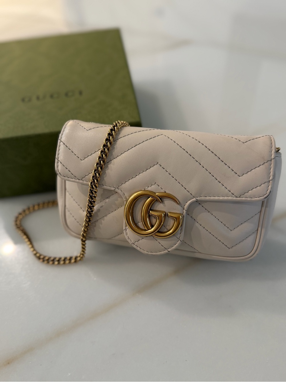Gucci Small GG Marmont Quilted Crossbody in White with Gold Hardware